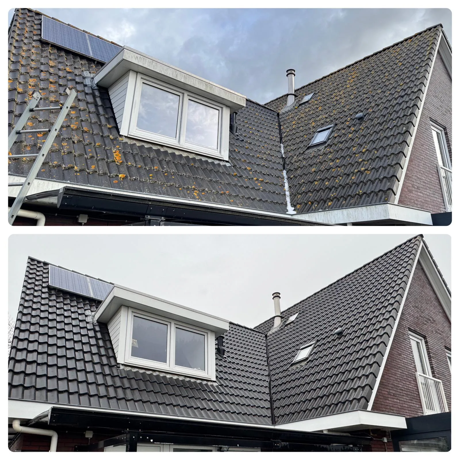 Voor en na van een gereinigd pannendak